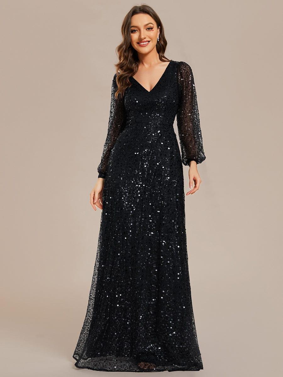 ever RAYVEN|V-Neck Lantern Long Sleeve Sequin A-Line Evening Dress