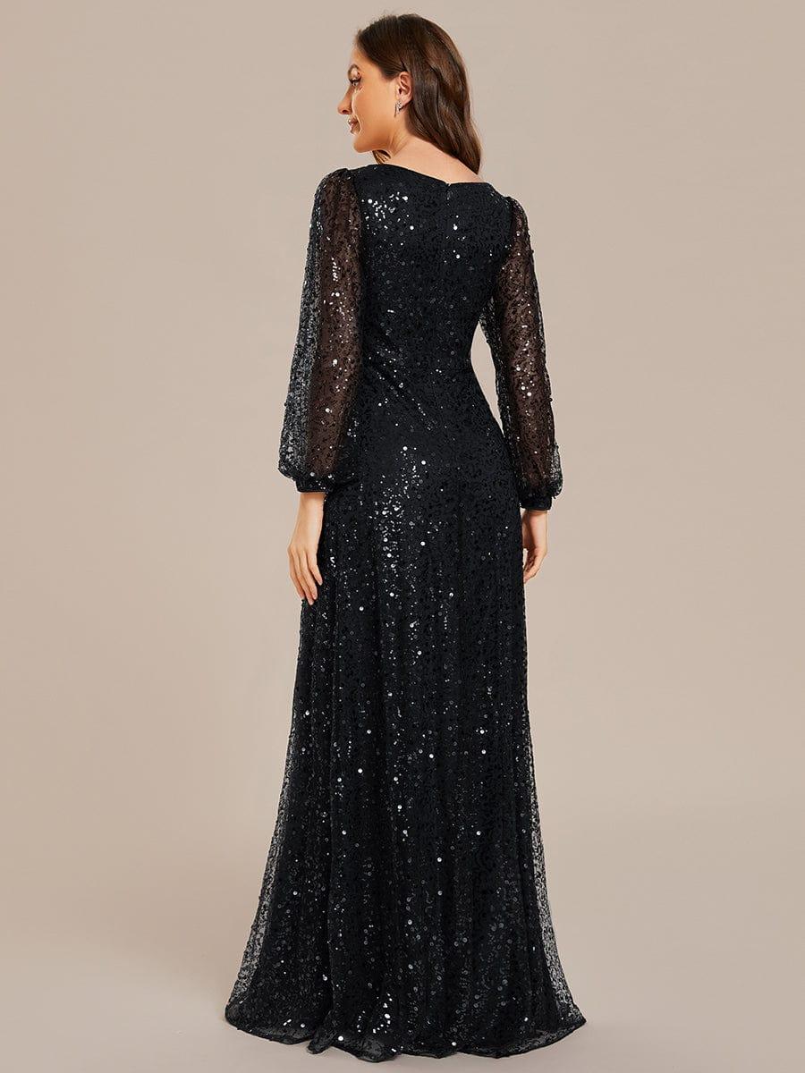 ever RAYVEN|V-Neck Lantern Long Sleeve Sequin A-Line Evening Dress