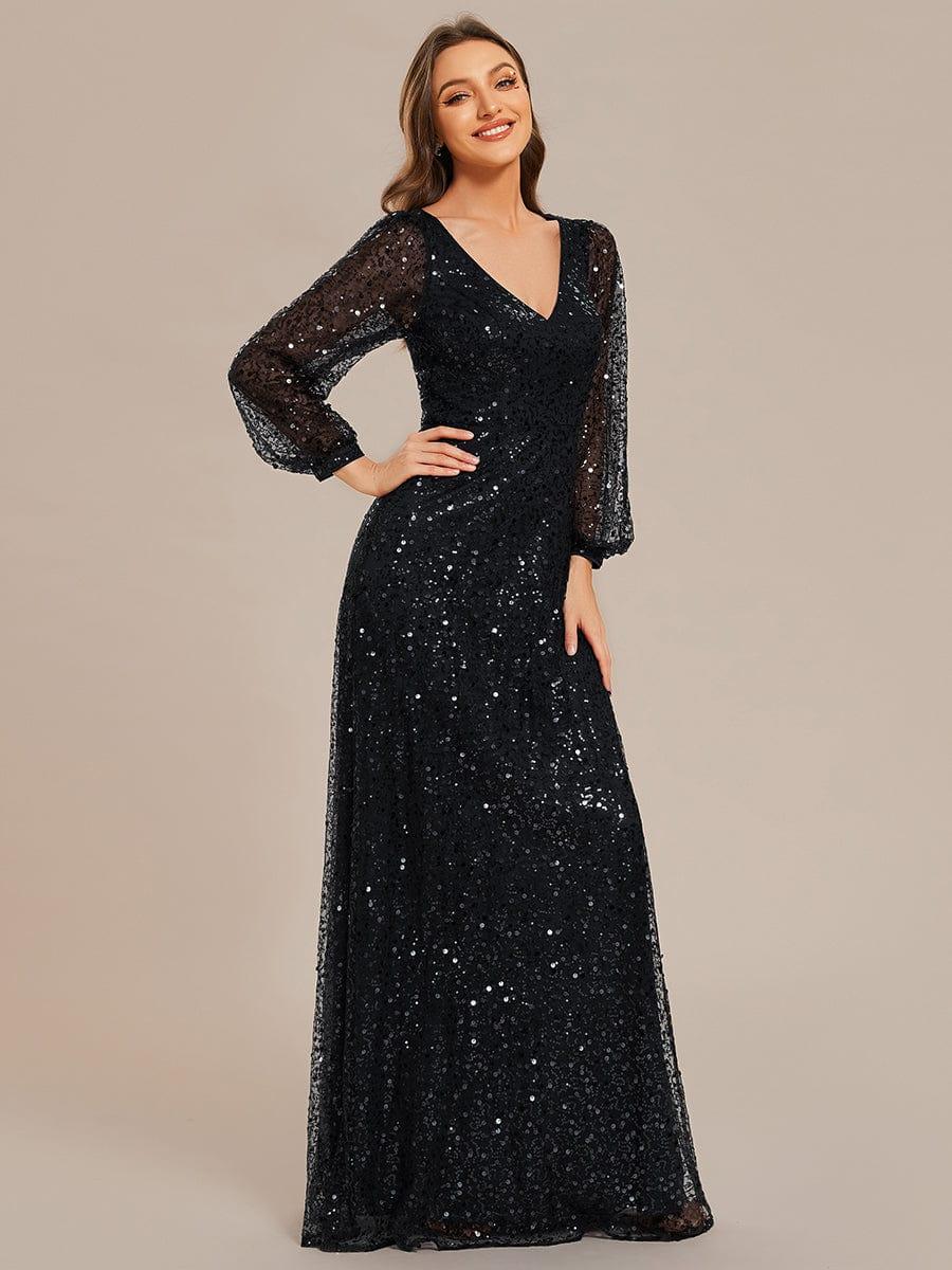 ever RAYVEN|V-Neck Lantern Long Sleeve Sequin A-Line Evening Dress
