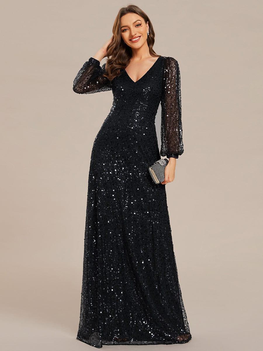 ever RAYVEN|V-Neck Lantern Long Sleeve Sequin A-Line Evening Dress