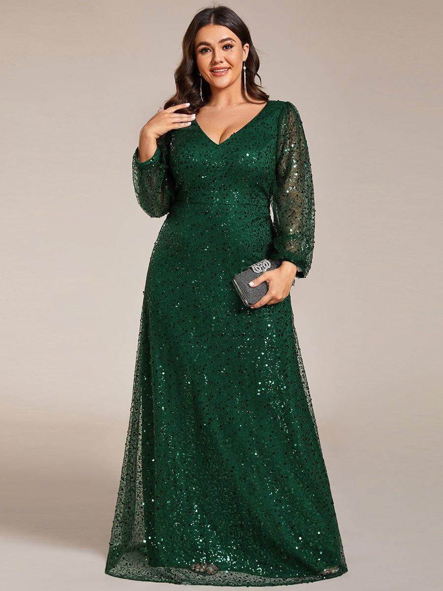 ever RAYVEN|V-Neck Lantern Long Sleeve Sequin A-Line Evening Dress