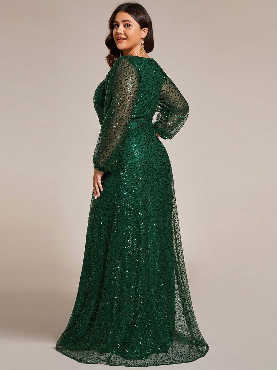 ever RAYVEN|V-Neck Lantern Long Sleeve Sequin A-Line Evening Dress
