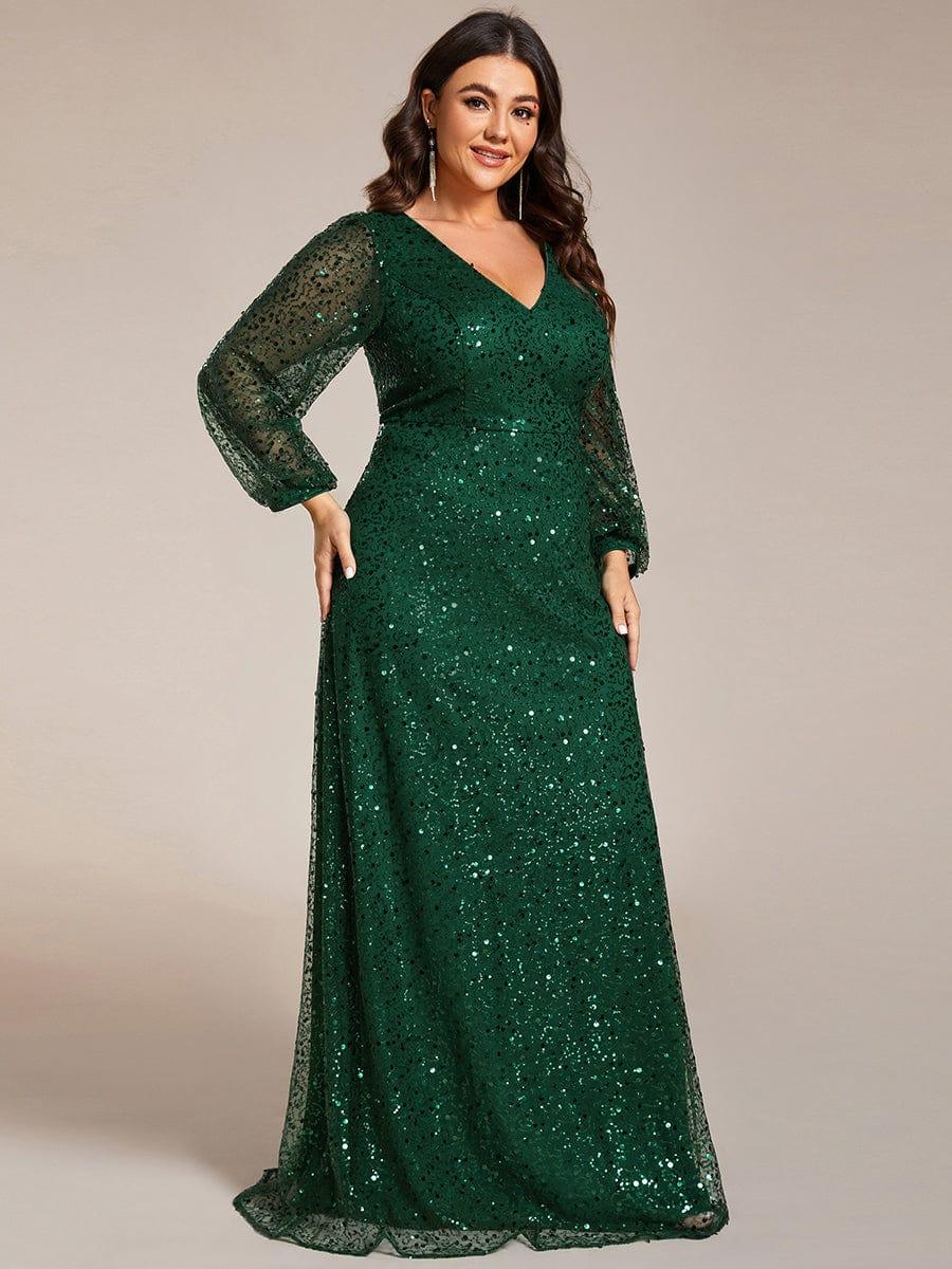 ever RAYVEN|V-Neck Lantern Long Sleeve Sequin A-Line Evening Dress