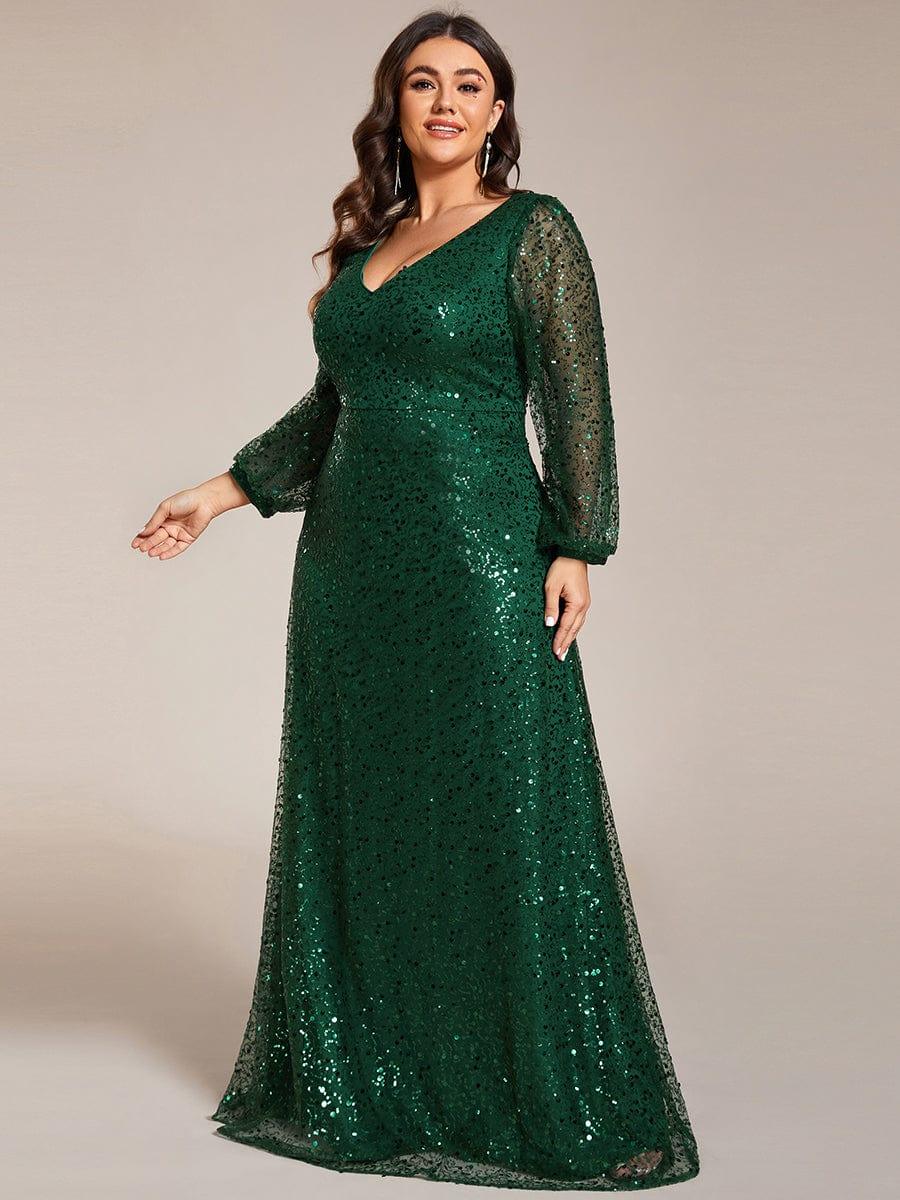 ever RAYVEN|V-Neck Lantern Long Sleeve Sequin A-Line Evening Dress
