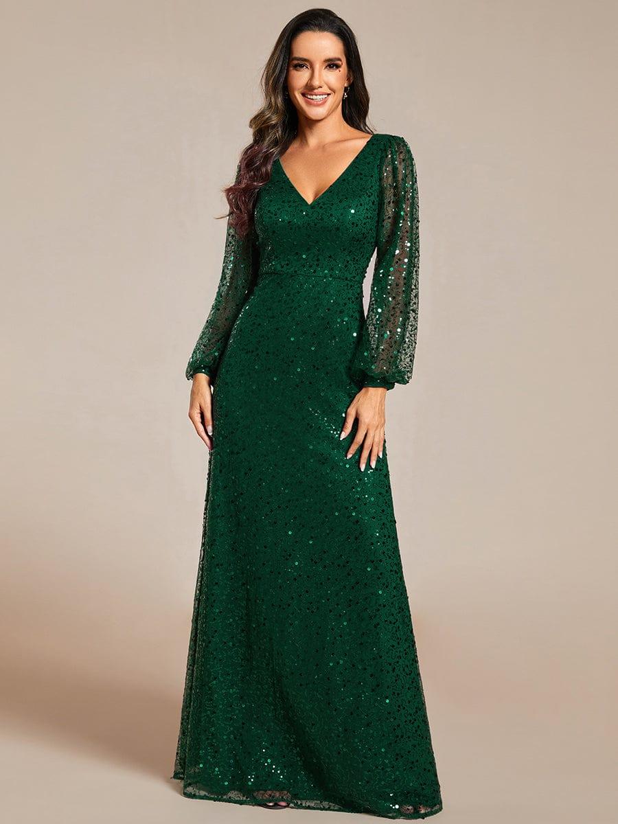 ever RAYVEN|V-Neck Lantern Long Sleeve Sequin A-Line Evening Dress