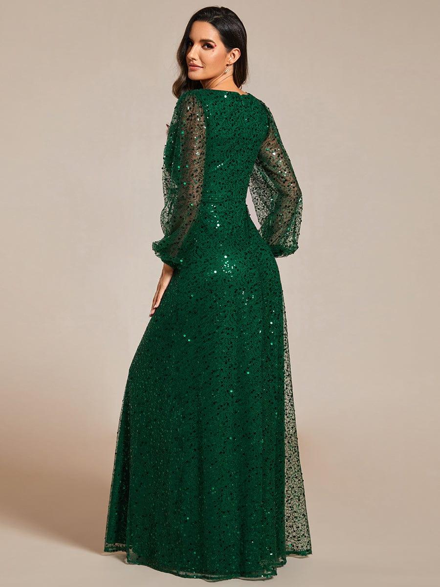 ever RAYVEN|V-Neck Lantern Long Sleeve Sequin A-Line Evening Dress