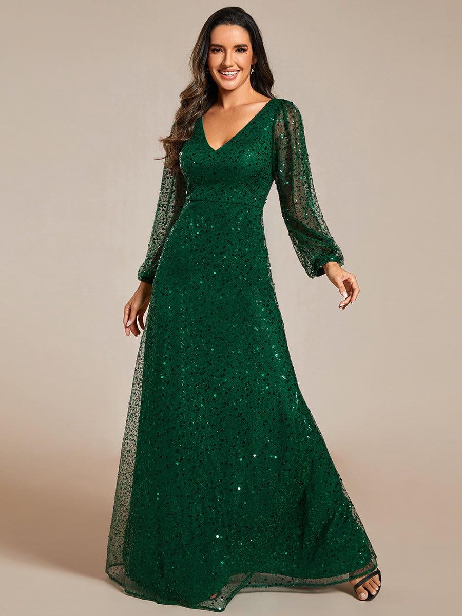 ever RAYVEN|V-Neck Lantern Long Sleeve Sequin A-Line Evening Dress