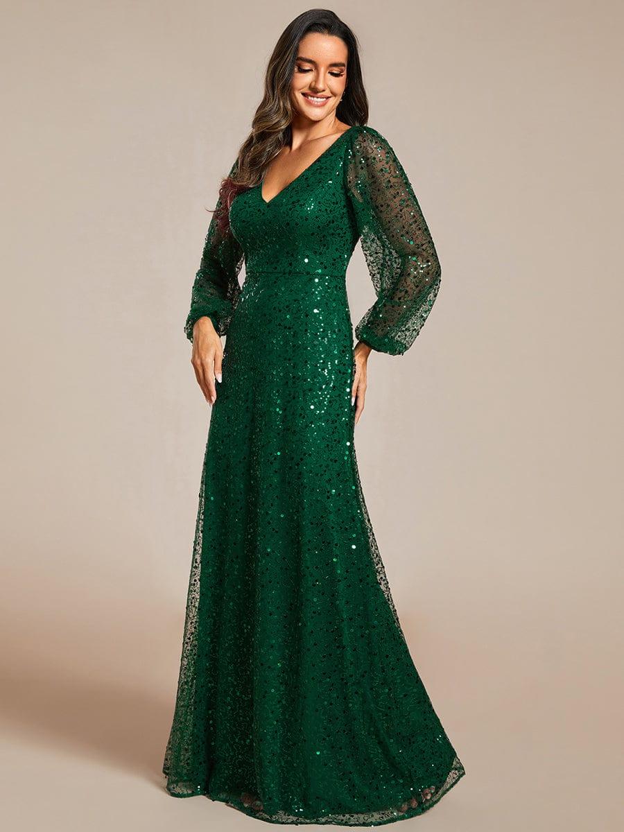 ever RAYVEN|V-Neck Lantern Long Sleeve Sequin A-Line Evening Dress