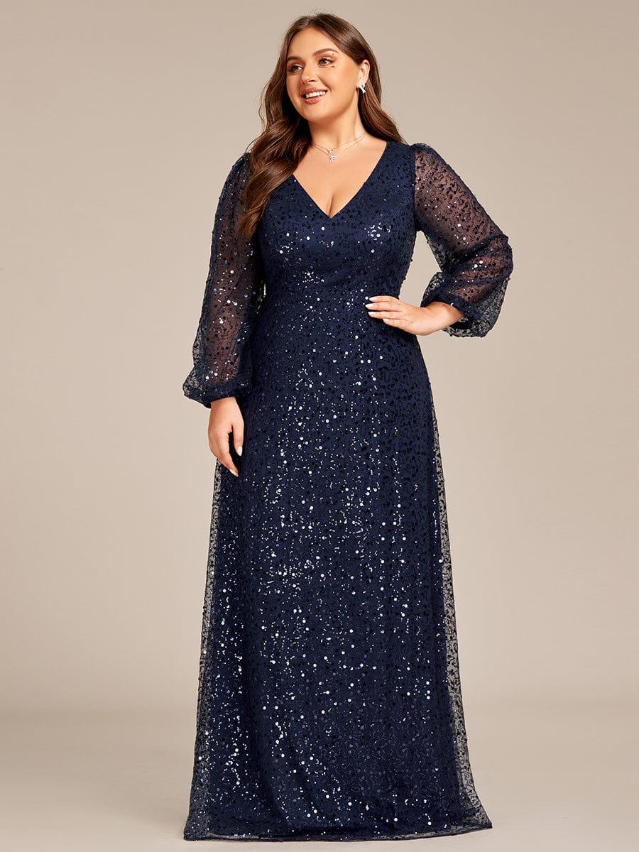 ever RAYVEN|V-Neck Lantern Long Sleeve Sequin A-Line Evening Dress