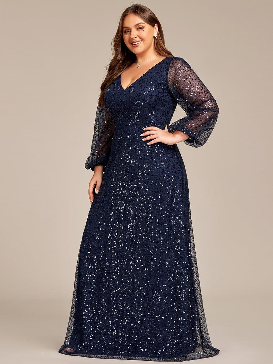 ever RAYVEN|V-Neck Lantern Long Sleeve Sequin A-Line Evening Dress