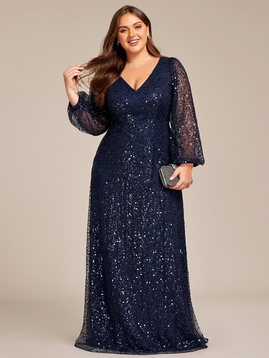 ever RAYVEN|V-Neck Lantern Long Sleeve Sequin A-Line Evening Dress