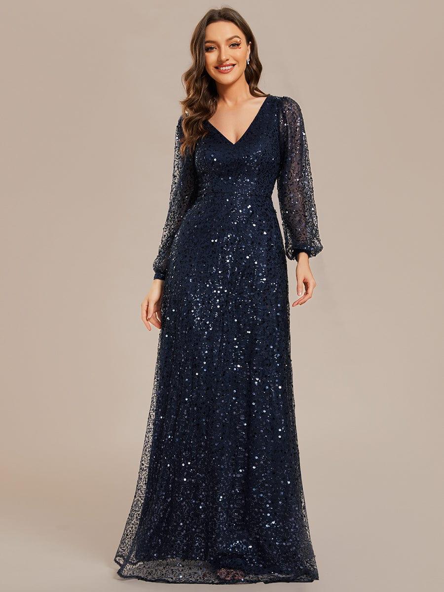 ever RAYVEN|V-Neck Lantern Long Sleeve Sequin A-Line Evening Dress