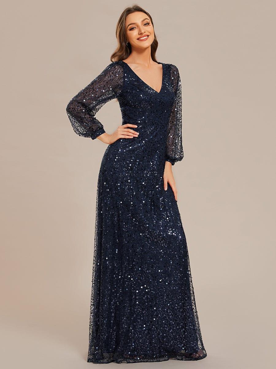 ever RAYVEN|V-Neck Lantern Long Sleeve Sequin A-Line Evening Dress