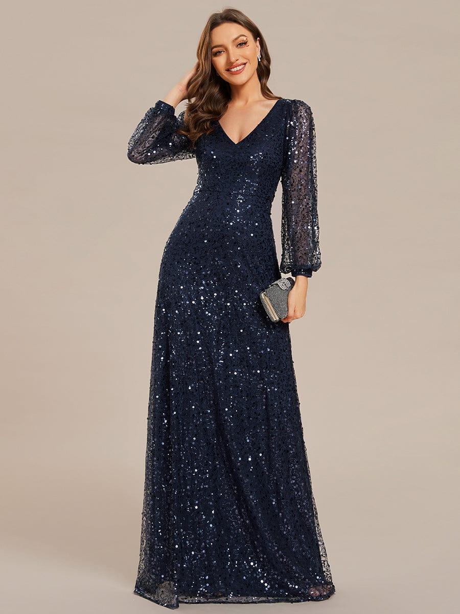 ever RAYVEN|V-Neck Lantern Long Sleeve Sequin A-Line Evening Dress