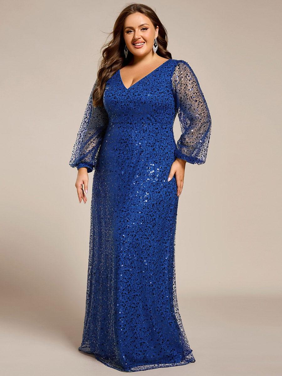 ever RAYVEN|V-Neck Lantern Long Sleeve Sequin A-Line Evening Dress