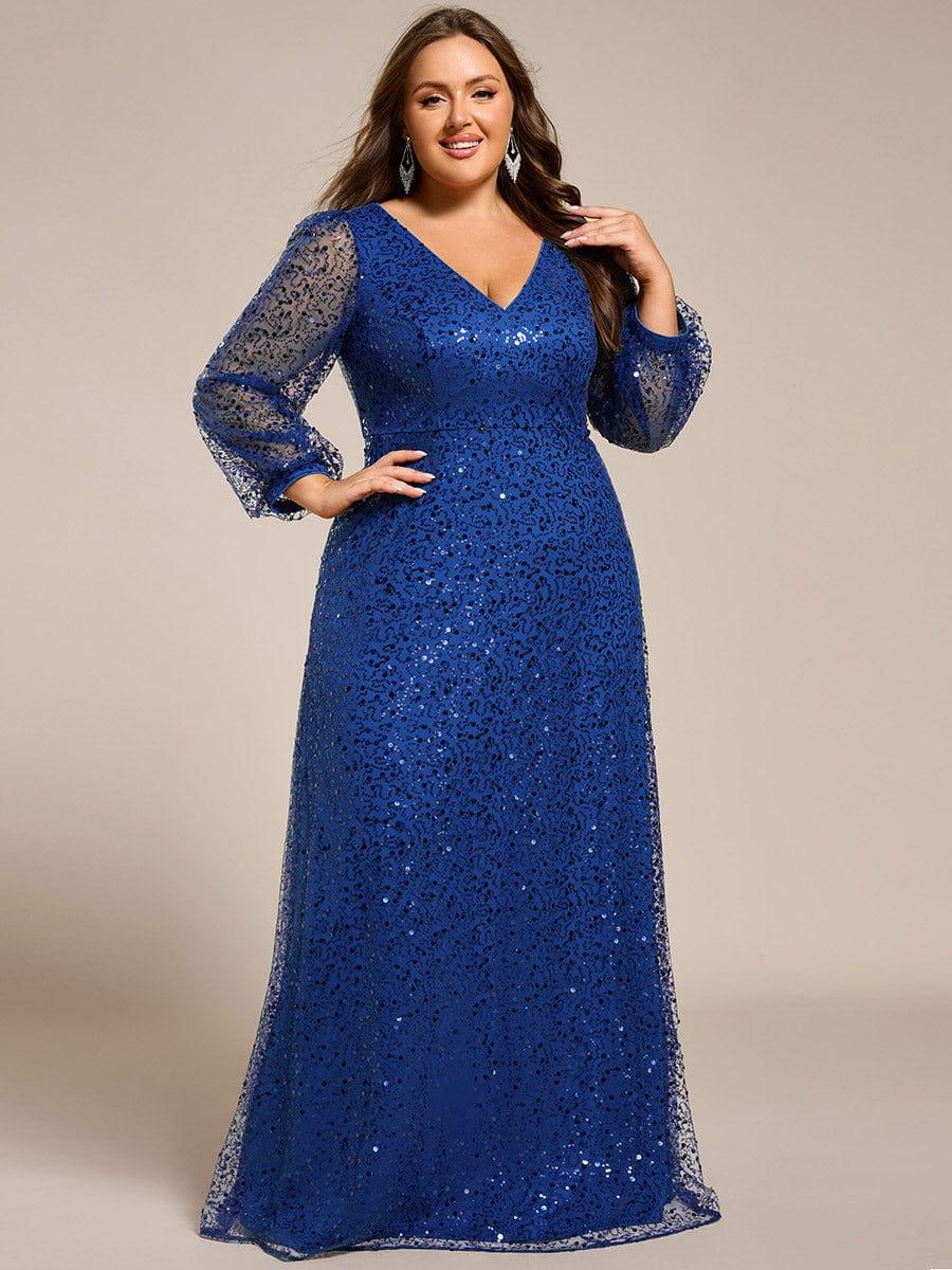 ever RAYVEN|V-Neck Lantern Long Sleeve Sequin A-Line Evening Dress