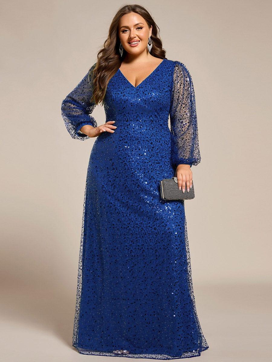 ever RAYVEN|V-Neck Lantern Long Sleeve Sequin A-Line Evening Dress