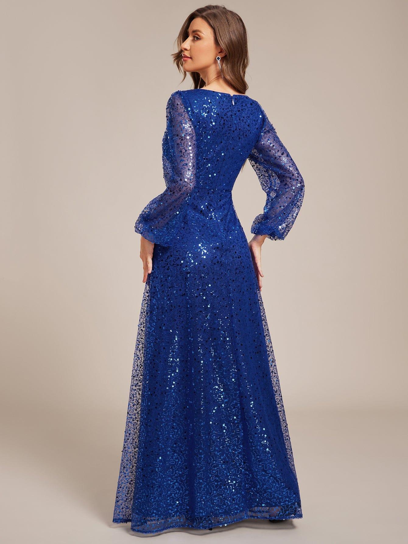 ever RAYVEN|V-Neck Lantern Long Sleeve Sequin A-Line Evening Dress