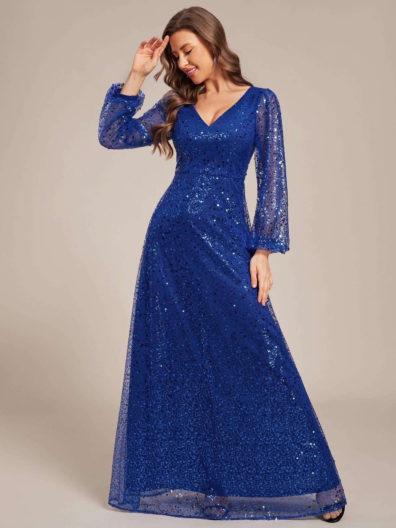 ever RAYVEN|V-Neck Lantern Long Sleeve Sequin A-Line Evening Dress