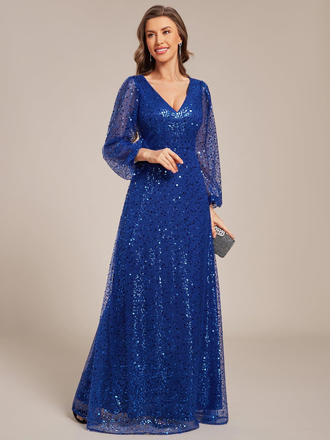 ever RAYVEN|V-Neck Lantern Long Sleeve Sequin A-Line Evening Dress