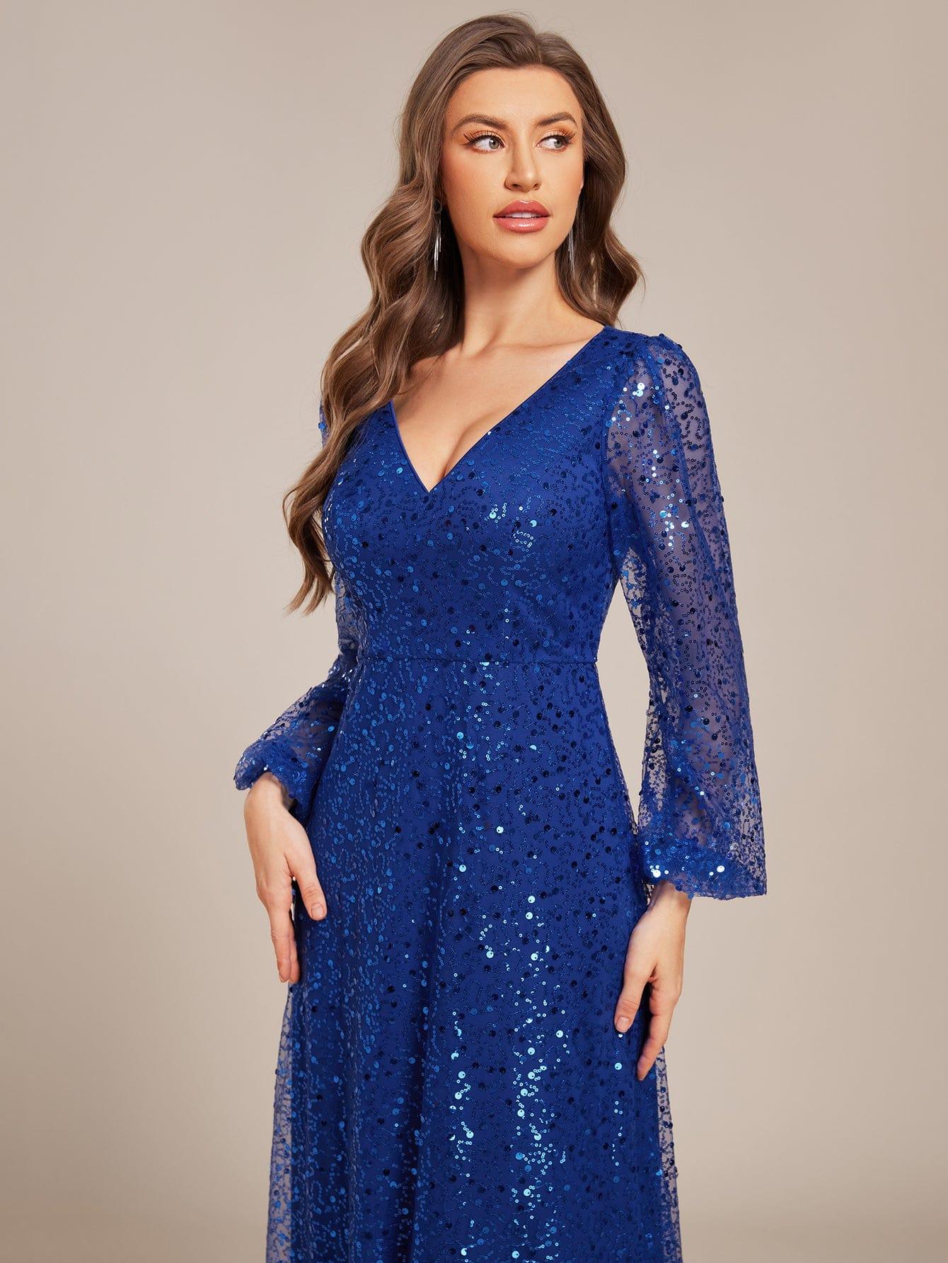 ever RAYVEN|V-Neck Lantern Long Sleeve Sequin A-Line Evening Dress