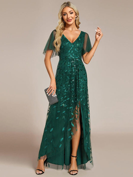 ever ALIX|V-Neck High Slit Sequined Evening Dresses