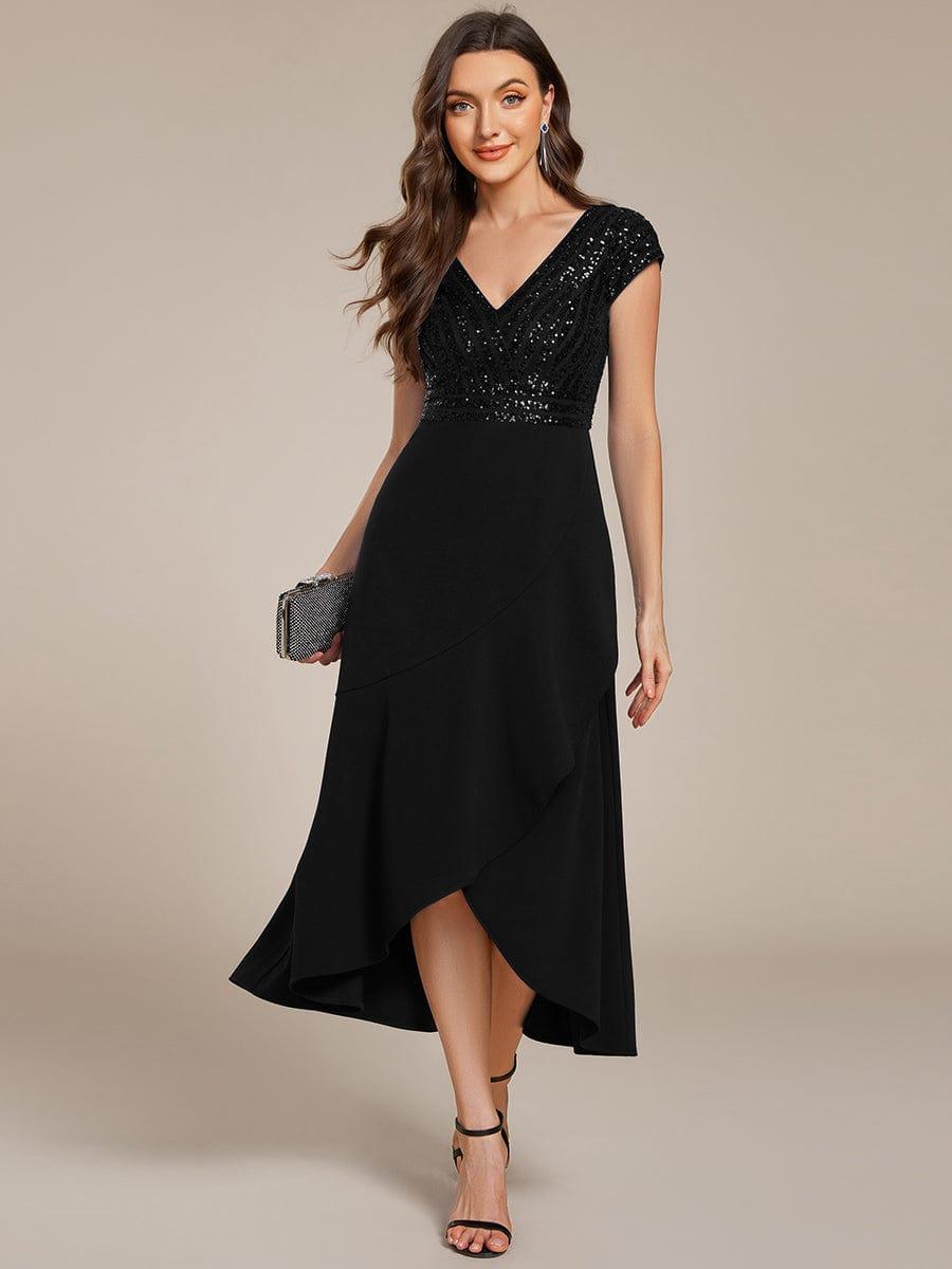 ever BAYLOR|Short Sleeve Sequin Asymmetrical Midi Evening Dress