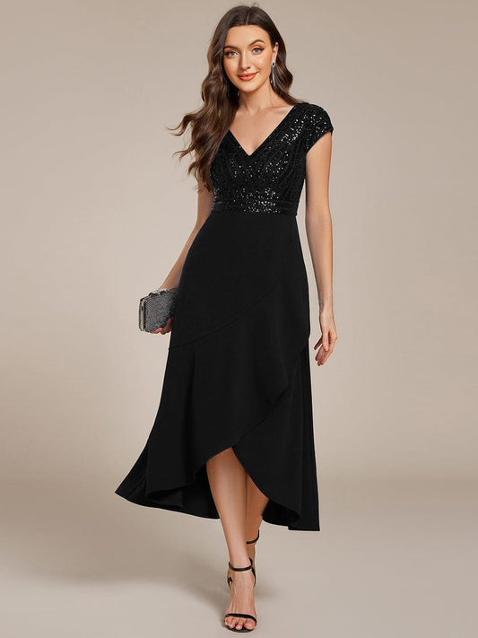ever BAYLOR|Short Sleeve Sequin Asymmetrical Midi Evening Dress