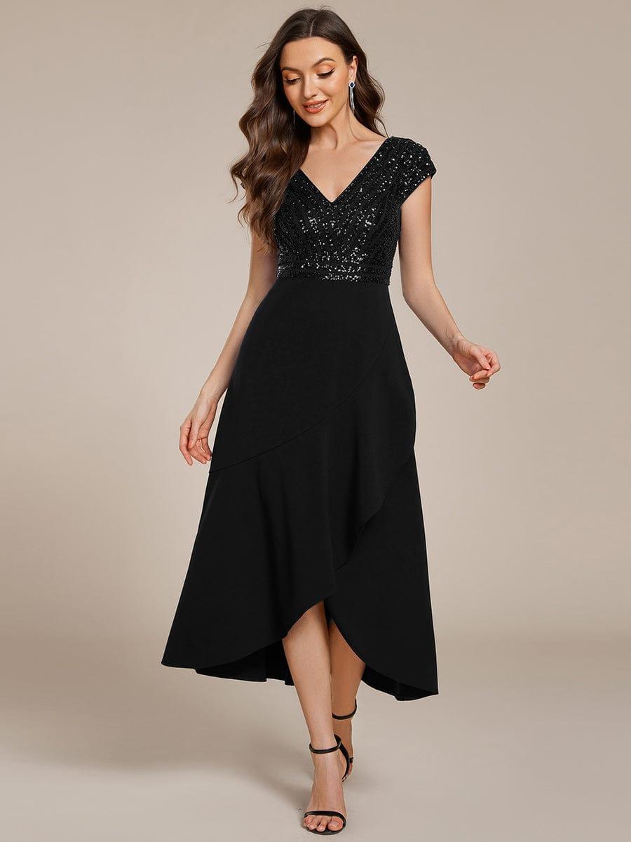 ever BAYLOR|Short Sleeve Sequin Asymmetrical Midi Evening Dress
