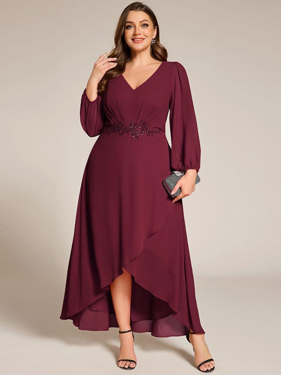 ever MARYAM|Chiffon Long Sleeve High-Low Evening Dress with Waist Applique(Final Sale)
