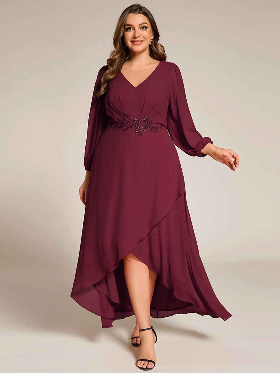 ever MARYAM|Chiffon Long Sleeve High-Low Evening Dress with Waist Applique(Final Sale)
