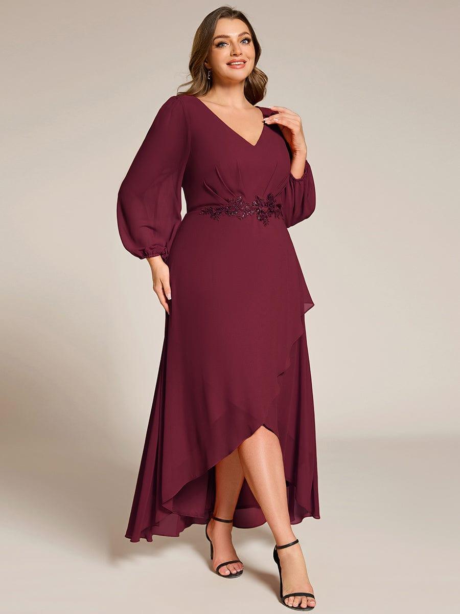 ever MARYAM|Chiffon Long Sleeve High-Low Evening Dress with Waist Applique(Final Sale)