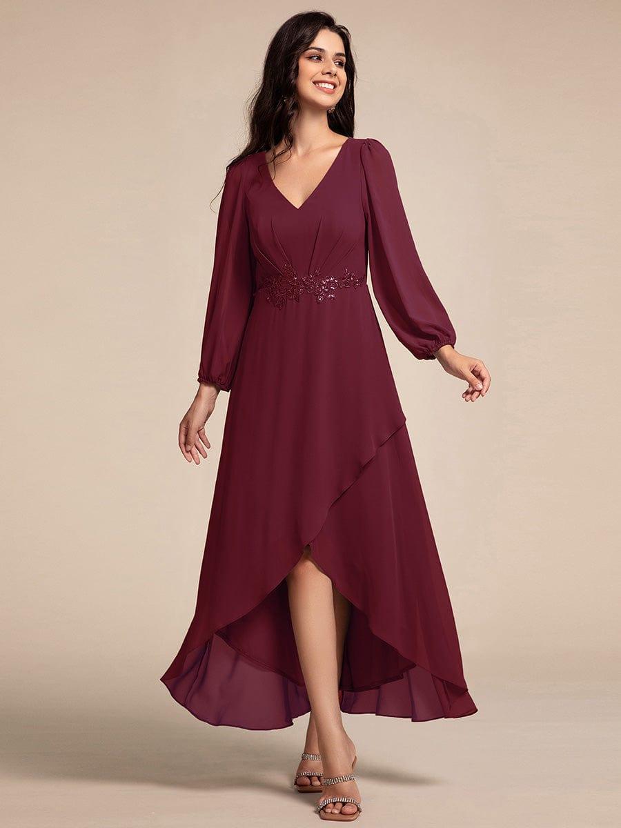 ever MARYAM|Chiffon Long Sleeve High-Low Evening Dress with Waist Applique(Final Sale)