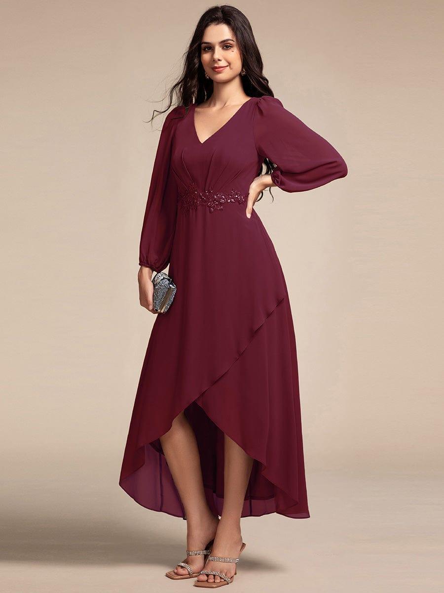 ever MARYAM|Chiffon Long Sleeve High-Low Evening Dress with Waist Applique(Final Sale)