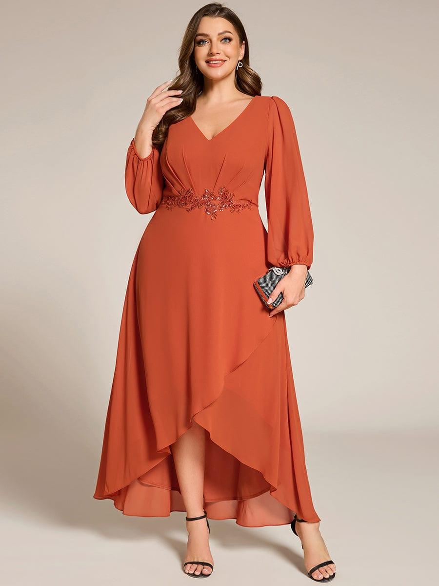 ever MARYAM|Chiffon Long Sleeve High-Low Evening Dress with Waist Applique(Final Sale)