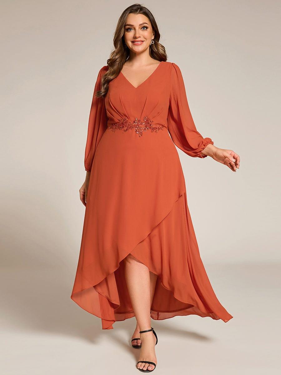 ever MARYAM|Chiffon Long Sleeve High-Low Evening Dress with Waist Applique(Final Sale)