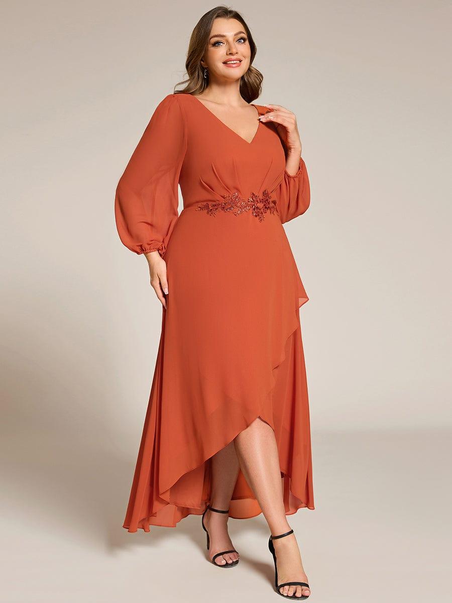 ever MARYAM|Chiffon Long Sleeve High-Low Evening Dress with Waist Applique(Final Sale)