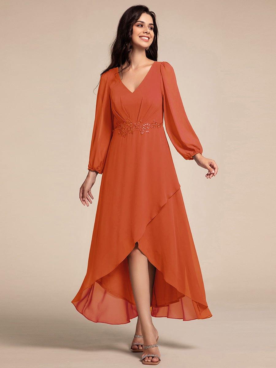 ever MARYAM|Chiffon Long Sleeve High-Low Evening Dress with Waist Applique(Final Sale)