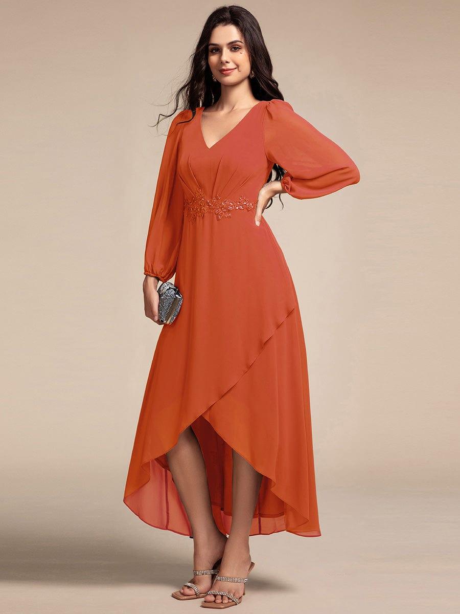ever MARYAM|Chiffon Long Sleeve High-Low Evening Dress with Waist Applique(Final Sale)