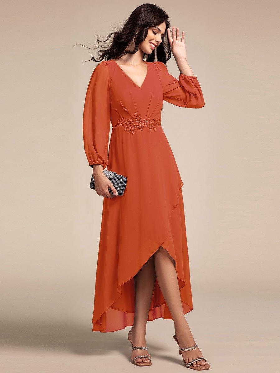 ever MARYAM|Chiffon Long Sleeve High-Low Evening Dress with Waist Applique(Final Sale)