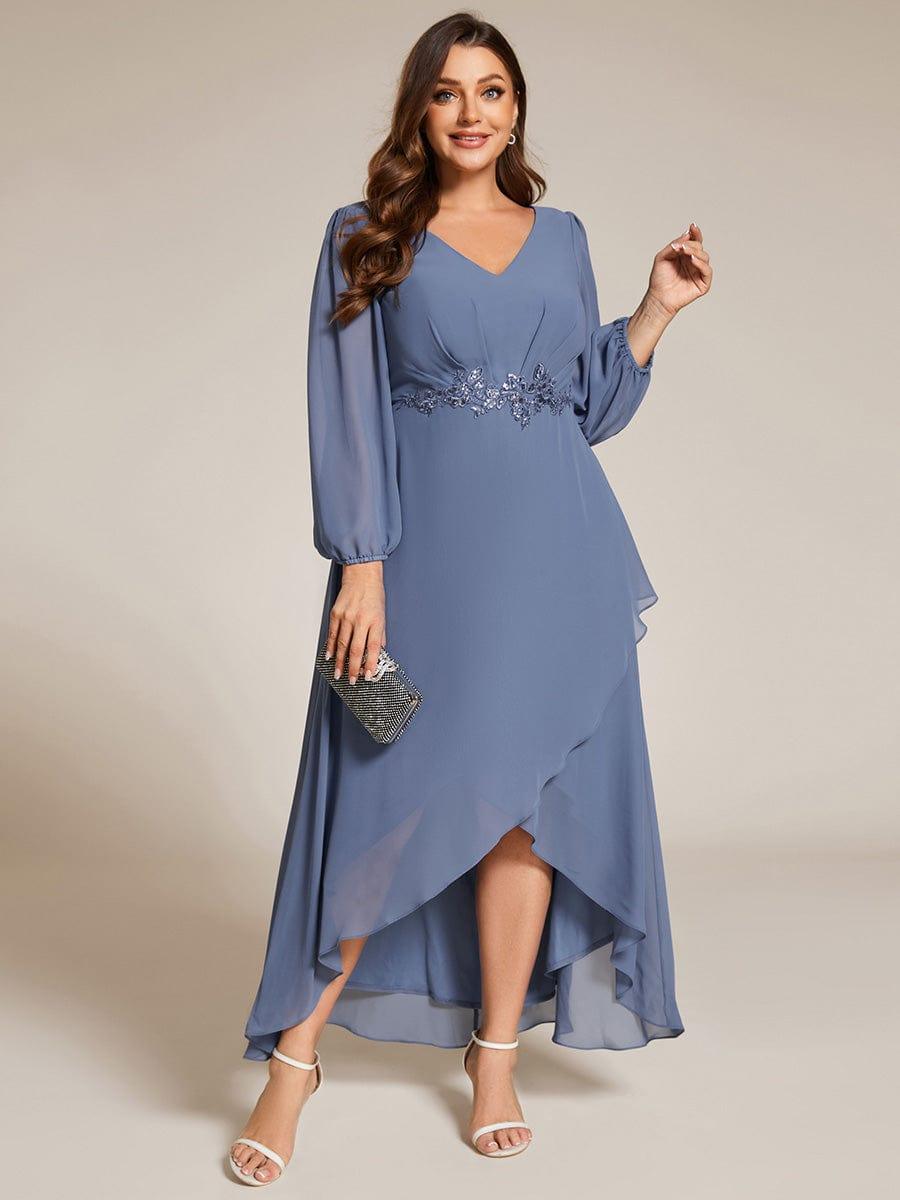 ever MARYAM|Chiffon Long Sleeve High-Low Evening Dress with Waist Applique(Final Sale)
