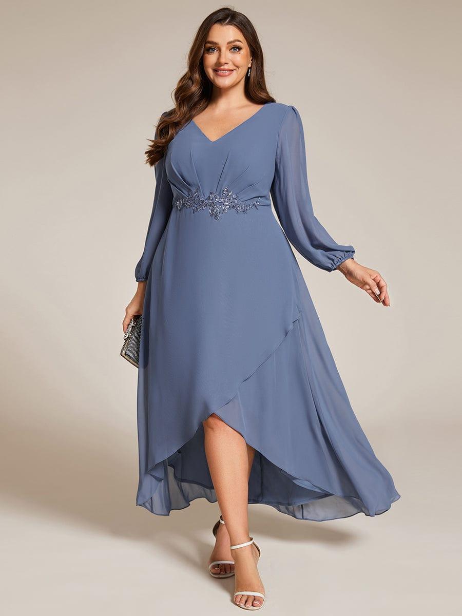 ever MARYAM|Chiffon Long Sleeve High-Low Evening Dress with Waist Applique(Final Sale)