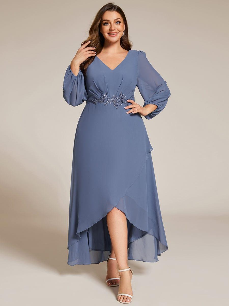 ever MARYAM|Chiffon Long Sleeve High-Low Evening Dress with Waist Applique(Final Sale)