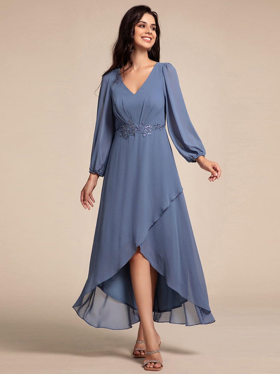 ever MARYAM|Chiffon Long Sleeve High-Low Evening Dress with Waist Applique(Final Sale)