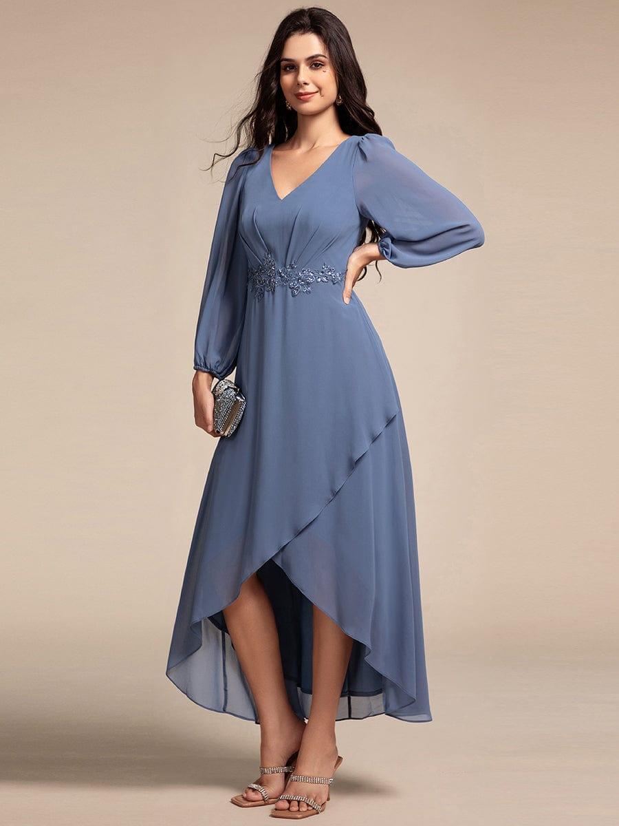 ever MARYAM|Chiffon Long Sleeve High-Low Evening Dress with Waist Applique(Final Sale)