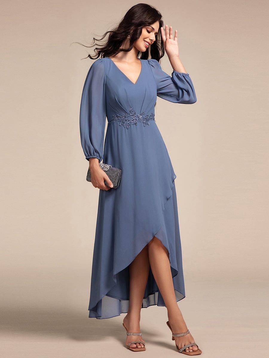 ever MARYAM|Chiffon Long Sleeve High-Low Evening Dress with Waist Applique(Final Sale)