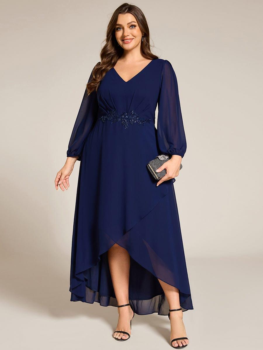 ever MARYAM|Chiffon Long Sleeve High-Low Evening Dress with Waist Applique(Final Sale)