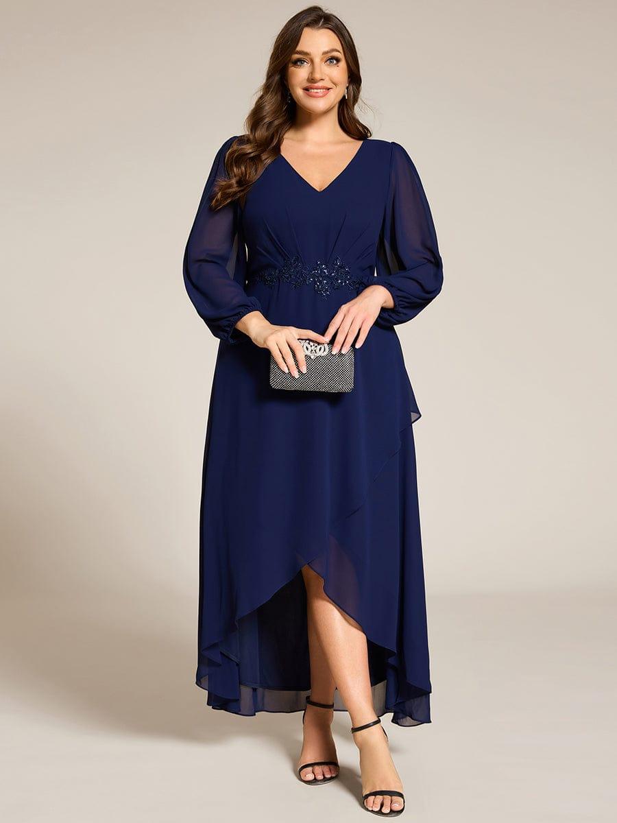 ever MARYAM|Chiffon Long Sleeve High-Low Evening Dress with Waist Applique(Final Sale)