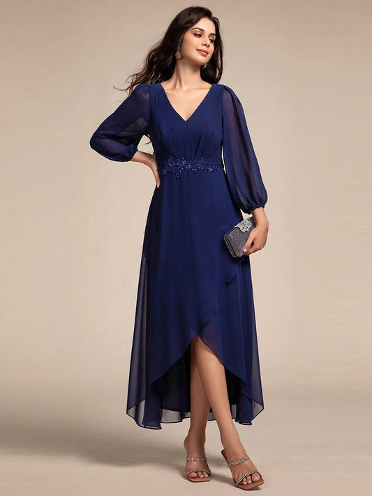 ever MARYAM|Chiffon Long Sleeve High-Low Evening Dress with Waist Applique(Final Sale)