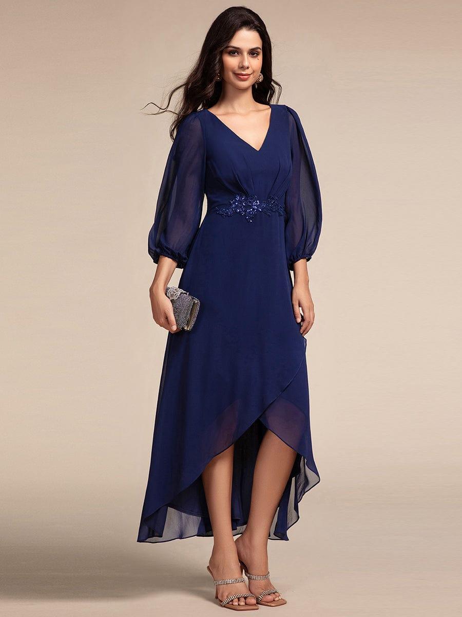 ever MARYAM|Chiffon Long Sleeve High-Low Evening Dress with Waist Applique(Final Sale)